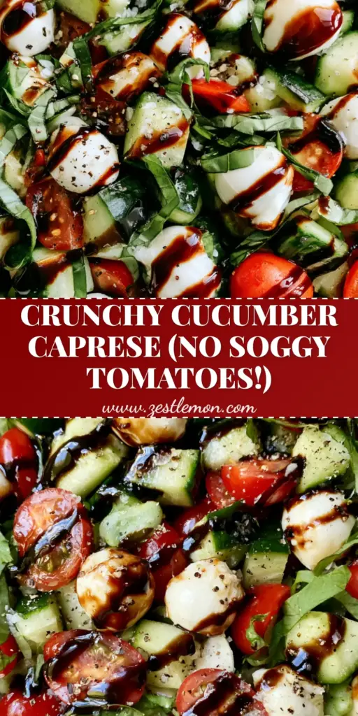 Cucumber Caprese Salad: The Ultimate Crisp & Refreshing Summer Recipe 4 A close-up vertical shot of a Cucumber Caprese Salad featuring emerald cucumber cubes, scarlet tomatoes, and white mozzarella pearls drizzled with dark balsamic glaze, perfect for Pinterest.