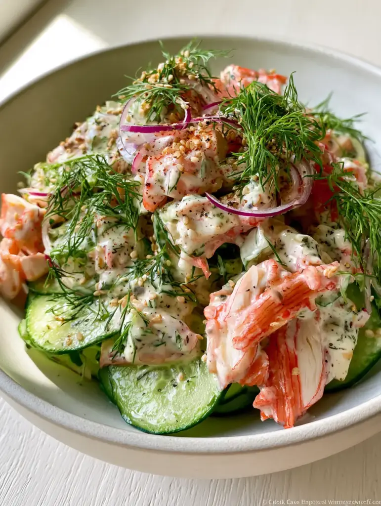 Creamy Cucumber Crab Salad: The Ultimate 15-Minute Refreshing Summer Side 2 High-angle smartphone photo of Creamy cucumber crab salad featuring thick shreds of imitation crab and crisp cucumbers in a glossy dressing.