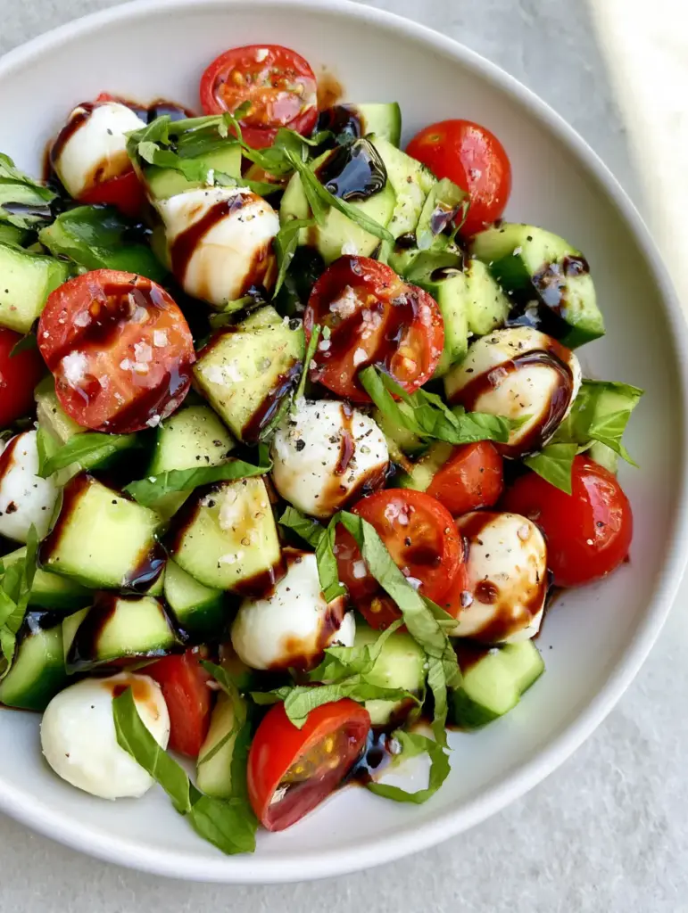 Cucumber Caprese Salad: The Ultimate Crisp & Refreshing Summer Recipe 2 Extreme close-up overhead shot of a vibrant Cucumber Caprese Salad in a white ceramic bowl showing skin-on cucumbers and balsamic highlights.