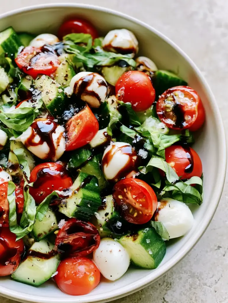 Cucumber Caprese Salad: The Ultimate Crisp & Refreshing Summer Recipe 1 Macro view of Cucumber Caprese Salad highlighting the syrupy texture of the balsamic glaze and coarse sea salt grains.