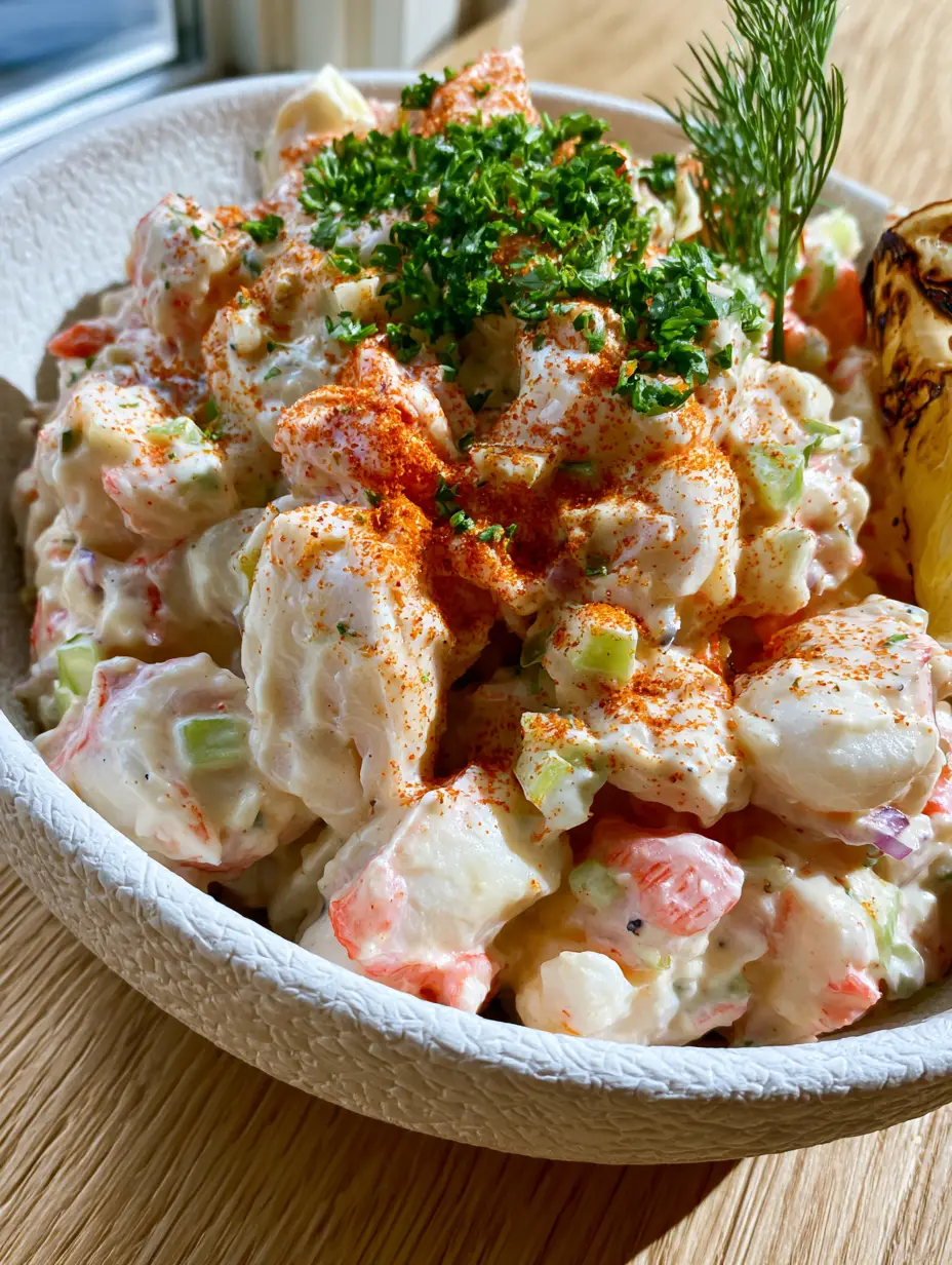 Macro photo of Crab Salad showing chunky white and pink imitation crab flakes with a thick mayonnaise dressing and green celery.