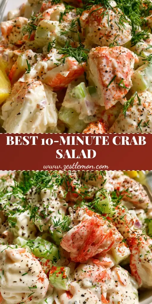 Creamy Crab Salad with Old Bay and Fresh Zesty Dill 4 A vibrant creamy crab salad in a white ceramic bowl with meaty chunks of imitation crab, green celery, and a dusting of Old Bay seasoning.