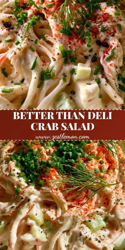 Imitation Crab Salad: The Ultimate Creamy Deli-Style Ribbon Salad 4 A vertical Pinterest-style photo of creamy imitation crab salad with ribbons of surimi, fresh dill, and a lemon wedge.
