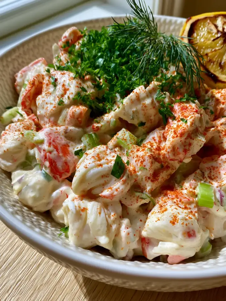 Top view of Crab Salad garnished with fresh dill, parsley, and a generous dusting of orange Old Bay seasoning.