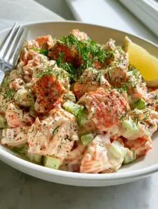 Top-down handheld photo of creamy crab salad in a shallow bowl on a marble countertop with a silver fork.