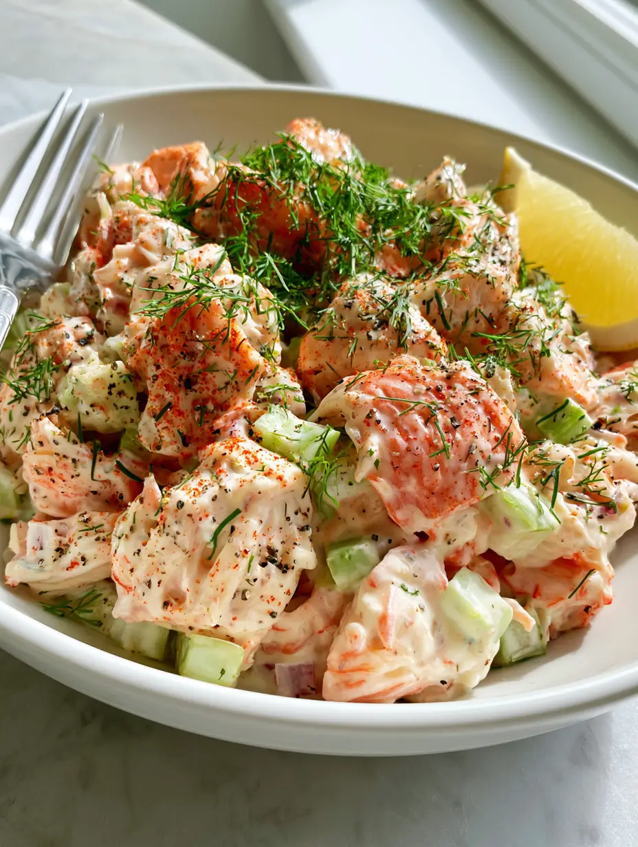 Creamy Crab Salad with Old Bay and Fresh Zesty Dill 3 Top-down handheld photo of creamy crab salad in a shallow bowl on a marble countertop with a silver fork.