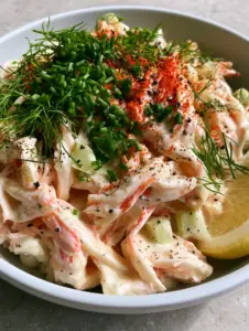 An ultra-close-up high-angle shot of a creamy imitation crab salad showing long shredded ribbons and glossy dressing.
