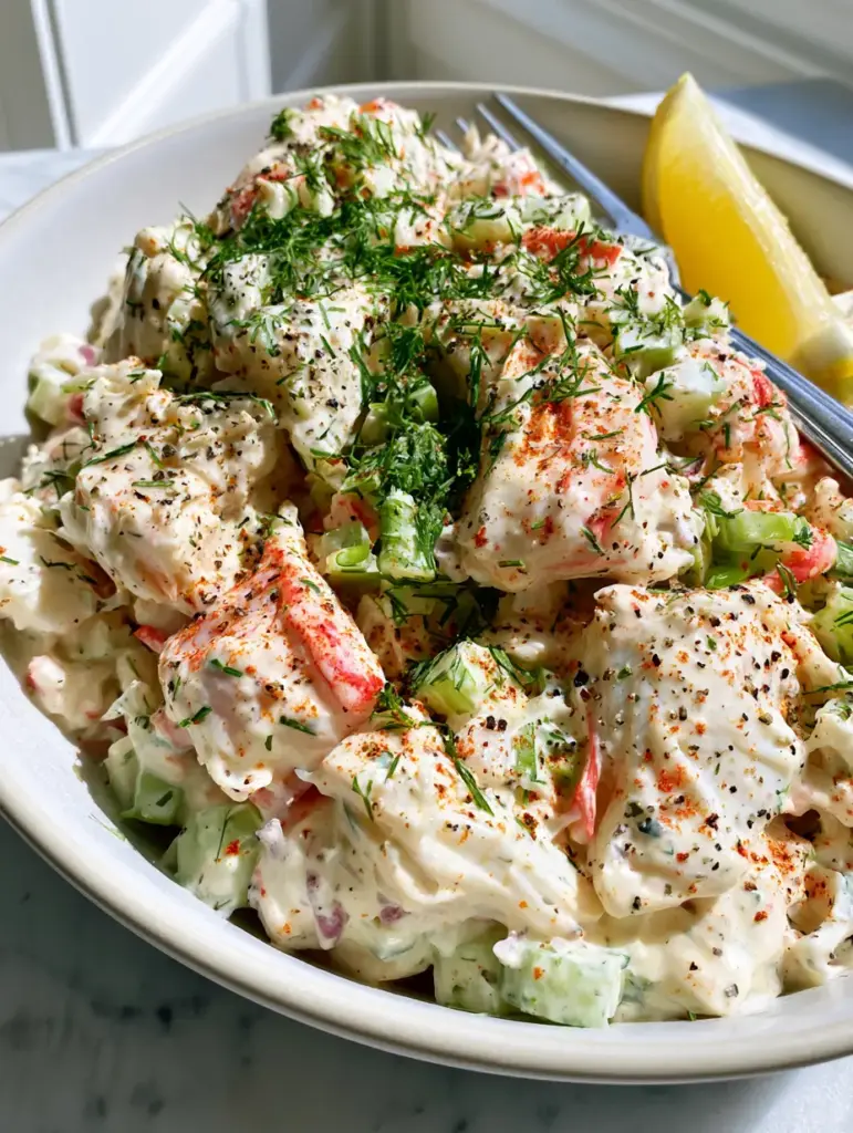 Creamy Crab Salad with Old Bay and Fresh Zesty Dill 1 Close-up of creamy crab salad showing the texture of shredded surimi, green celery bits, and fresh dill.