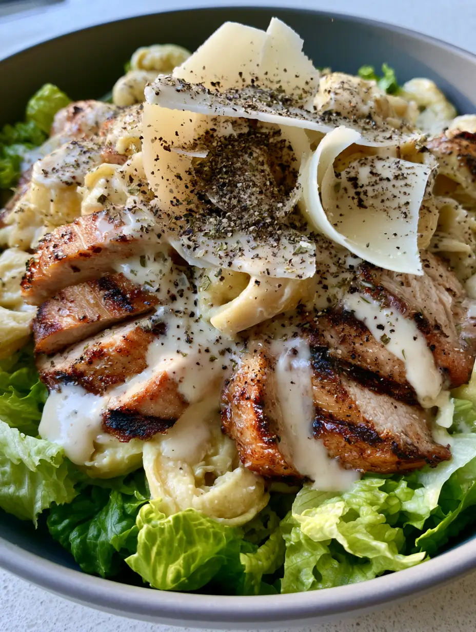 A handheld smartphone photo of a wide matte ceramic bowl filled with vibrant Tortellini Caesar Salad and charred chicken. (tortellini Caesar salad)