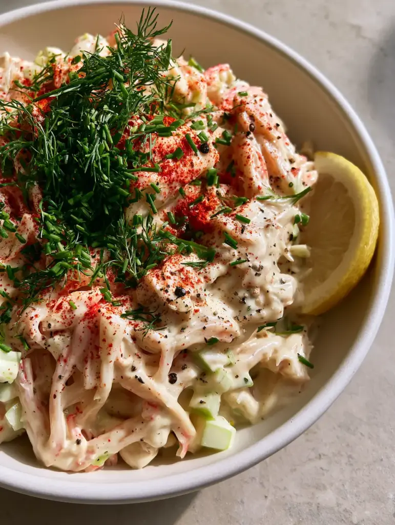 Imitation Crab Salad: The Ultimate Creamy Deli-Style Ribbon Salad 1 Close up of shredded imitation crab salad with vibrant green chives and a dusting of smoked paprika.