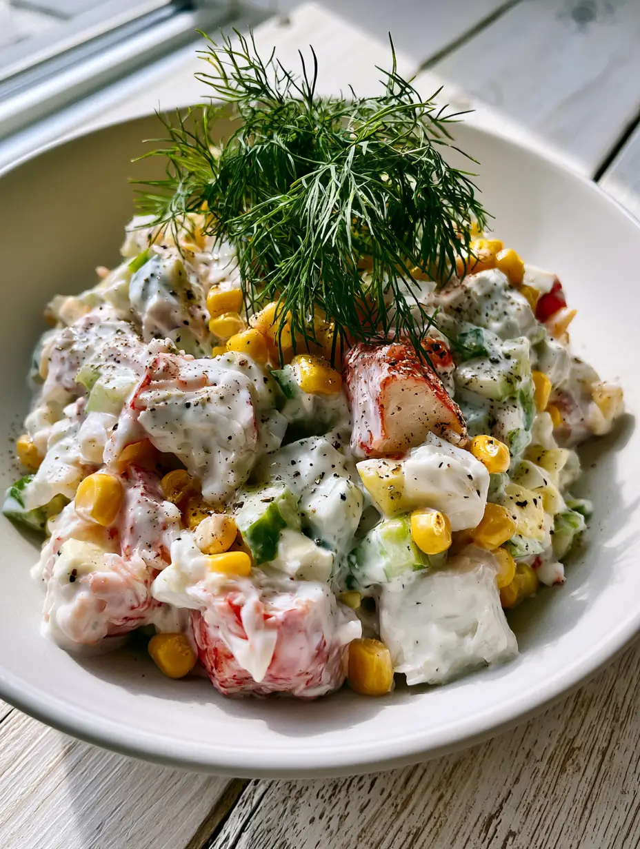 Russian crab salad: A Gourmet Guide to the Classic Creamy Krabovyi Salat 3 A minimalist white ceramic bowl filled with Russian crab salad, showing chunky hand-torn crab and bright corn kernels. (Russian crab salad)