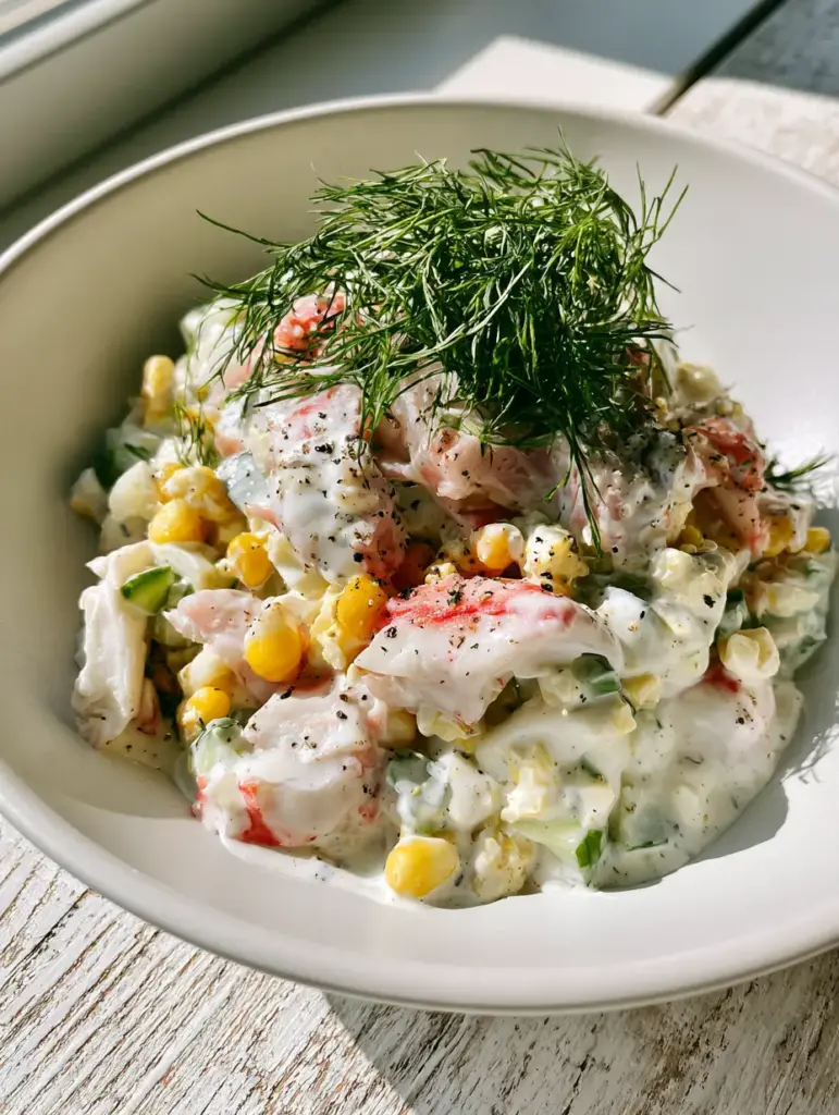 Russian crab salad: A Gourmet Guide to the Classic Creamy Krabovyi Salat 1 Close-up detail of Russian crab salad showing the velvety dressing, feathery green dill, and cracked black pepper.