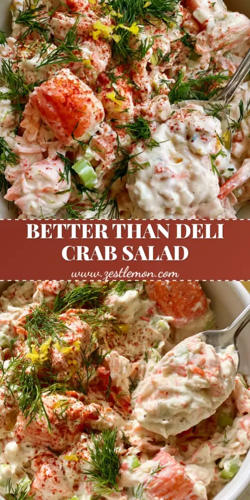 Crab Salad Recipe: The Ultimate Creamy and Luxurious Imitation Crab Delicacy 4 Top-down view of a creamy crab salad recipe in a white bowl garnished with dill and lemon zest on a white wooden table. (crab salad recipe)