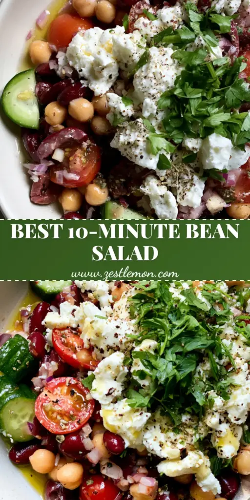 A vibrant vegetarian bean salad with chickpeas, kidney beans, and feta in a white bowl. (vegetarian bean salad)