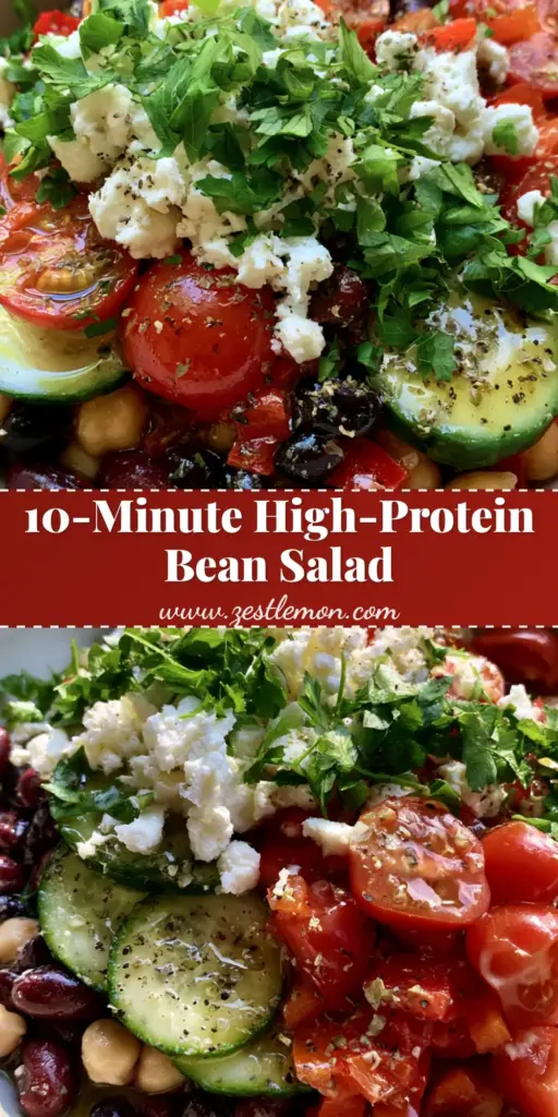A colorful overhead view of an Easy Bean Salad in a white bowl featuring chickpeas, black beans, and red kidney beans with feta.