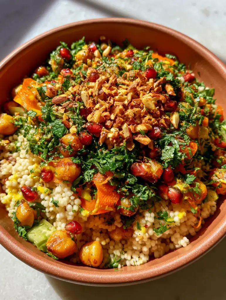 Moroccan-Spiced Chickpea and Carrot Couscous Salad with Turmeric Tahini 1 Top-down aesthetic shot of the Moroccan-Spiced Chickpea and Carrot Couscous Salad in a matte terracotta bowl with herbs and pomegranate.