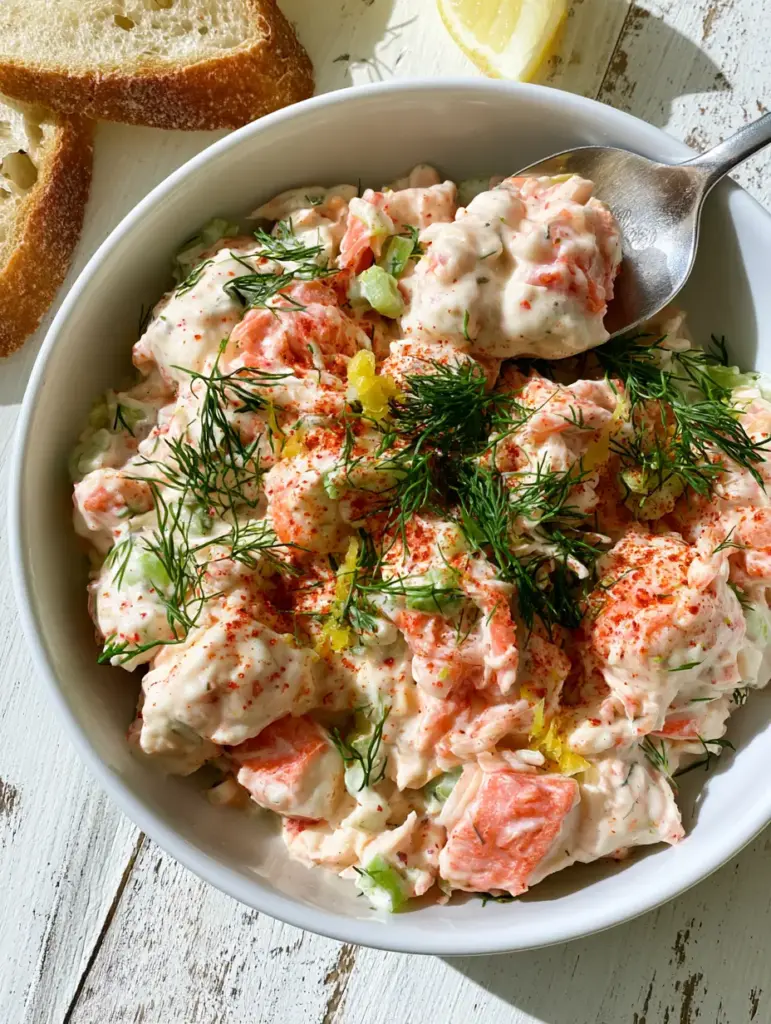 Crab Salad Recipe: The Ultimate Creamy and Luxurious Imitation Crab Delicacy 1 A silver spoon lifting a creamy portion of crab salad from a white bowl next to toasted baguette. (crab salad recipe)