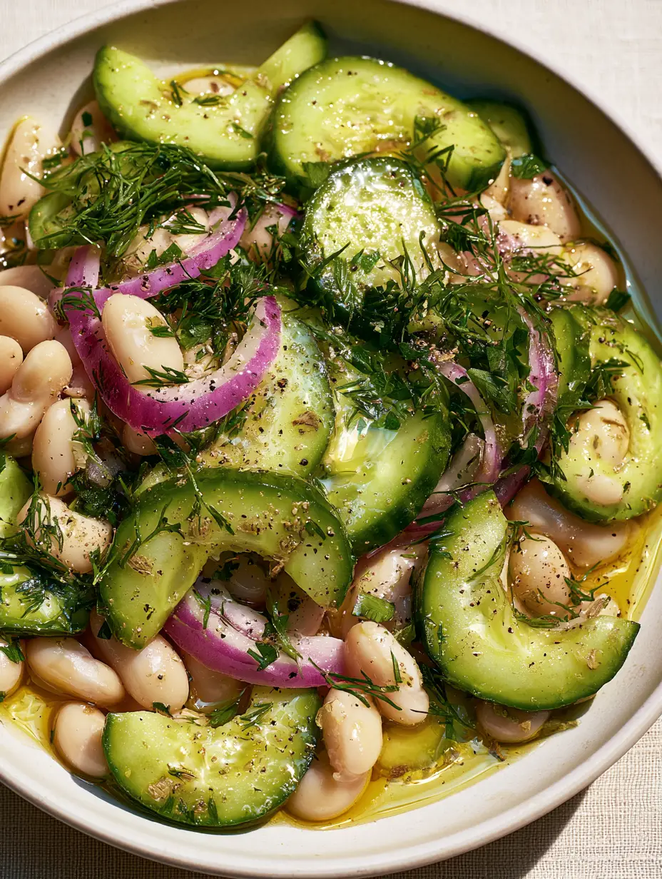 Top-down view of white bean cucumber salad with shimmering olive oil and fresh dill. (white bean cucumber salad)
