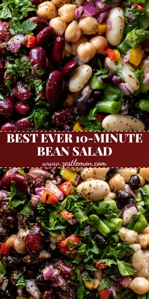 Five Bean Salad with Zesty Herb Vinaigrette 3 A top-down view of a vibrant five bean salad in a white ceramic bowl showing glossy kidney beans and chickpeas. (five bean salad)