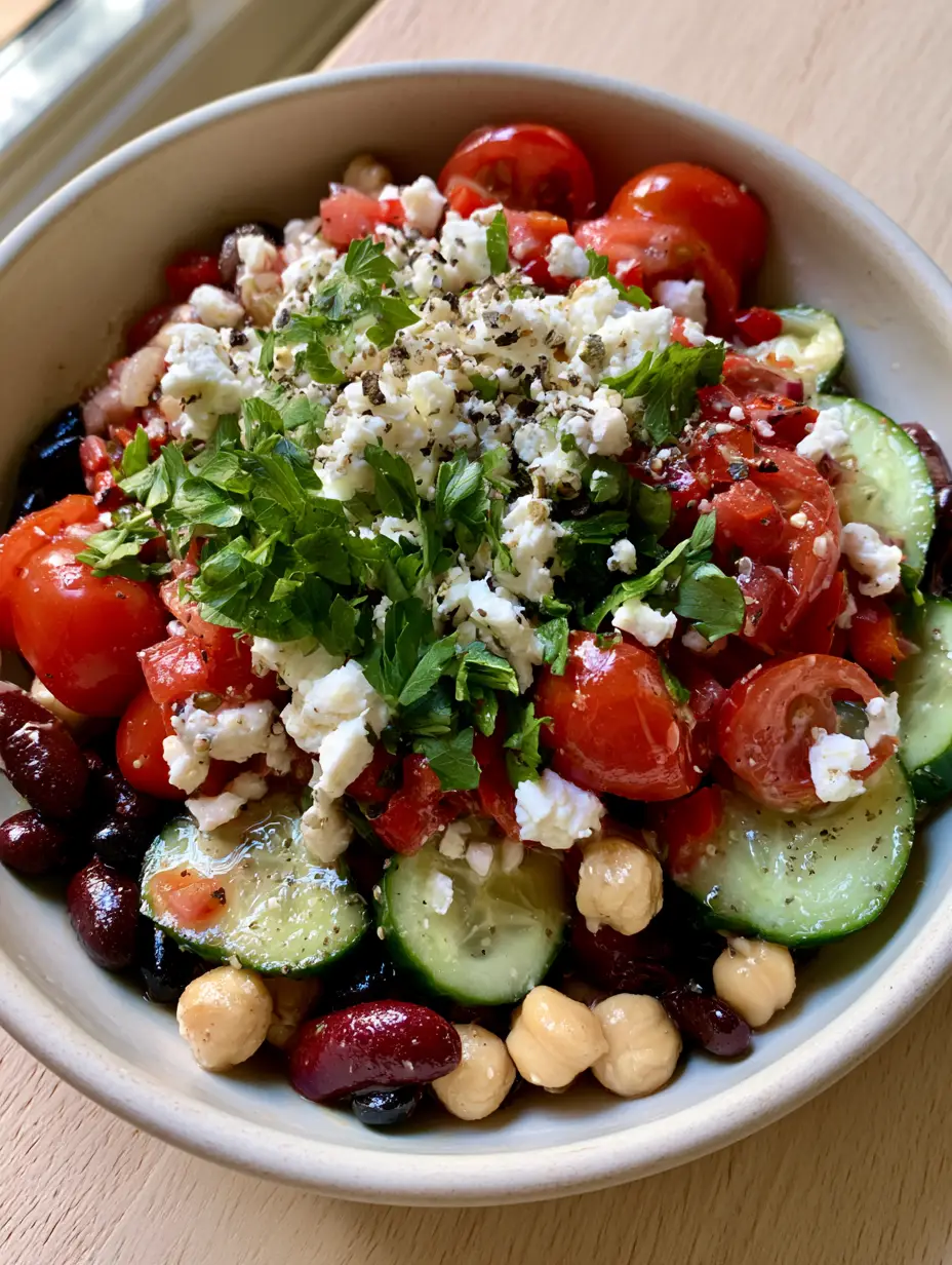 Close-up of glossy chickpeas, dark red kidney beans, and diced red peppers in a thick lemon-herb vinaigrette. (Marinated Bean Salad)