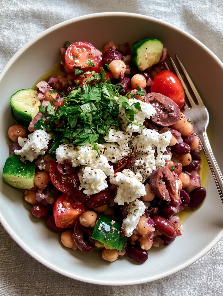 Overhead view of a vegetarian bean salad showing glossy chickpeas and red kidney beans with fresh herbs. (vegetarian bean salad)