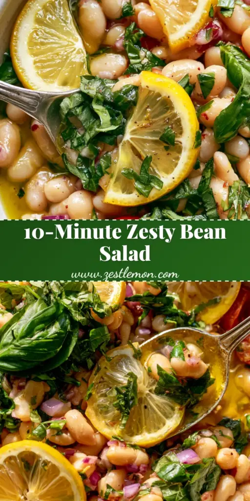 A rustic white bowl of Lemon Basil Bean Salad featuring creamy cannellini beans, emerald basil, and yellow lemon slices with a silver spoon.