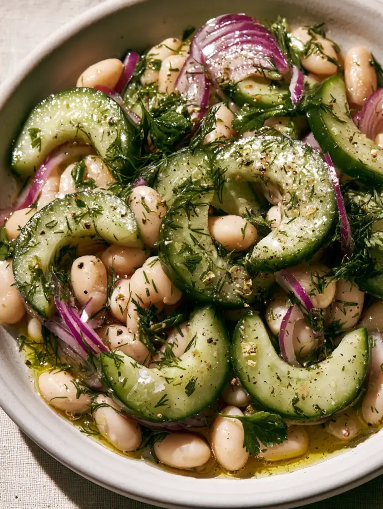 Close-up of glossy cannellini beans and crisp cucumber slices in a white bean cucumber salad.