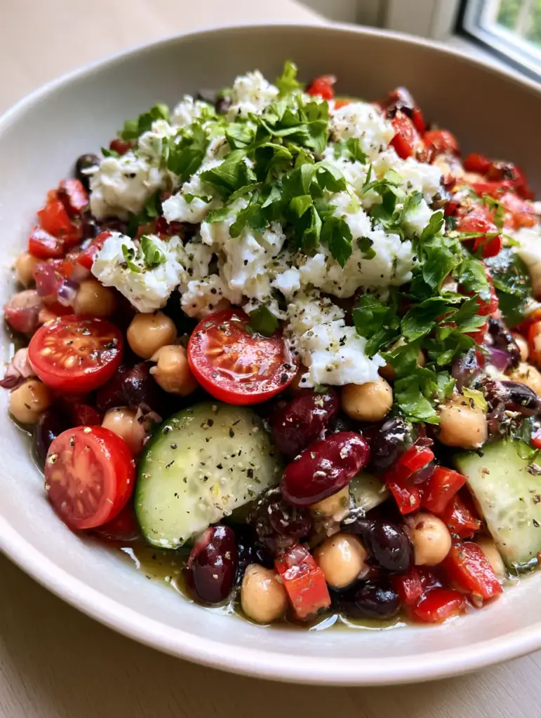 Close up shot of Easy Bean Salad with glistening lemon-herb vinaigrette and cracked black pepper.