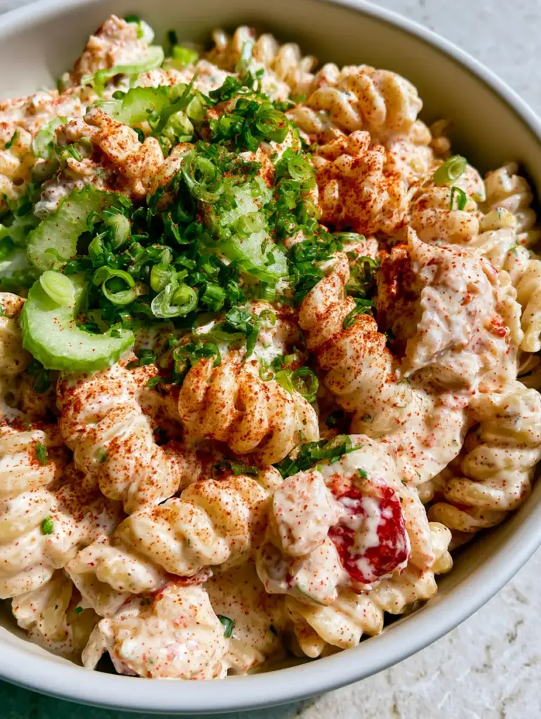 Crab Pasta Salad with Creamy Old Bay Dressing and Lump Crab Meat 1 A close-up of crab pasta salad showing red and white crab fibers, green scallions, and a dusting of smoked paprika.