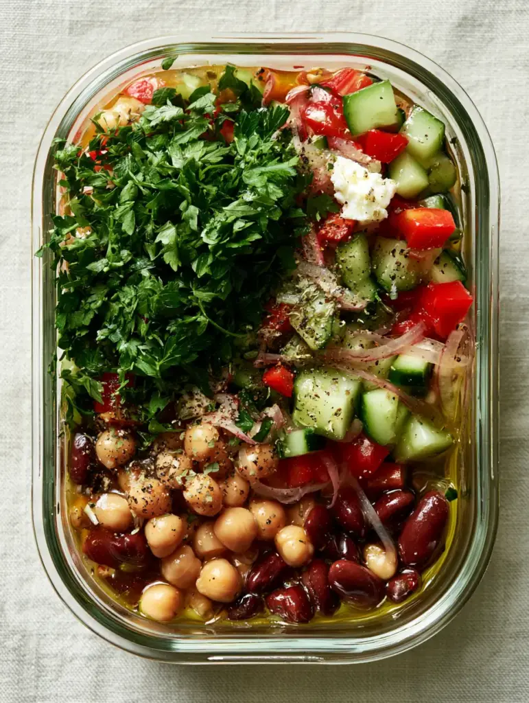 Handheld smartphone photo of a Marinated Bean Salad garnished with flat-leaf parsley and feta crumbles on a linen surface.