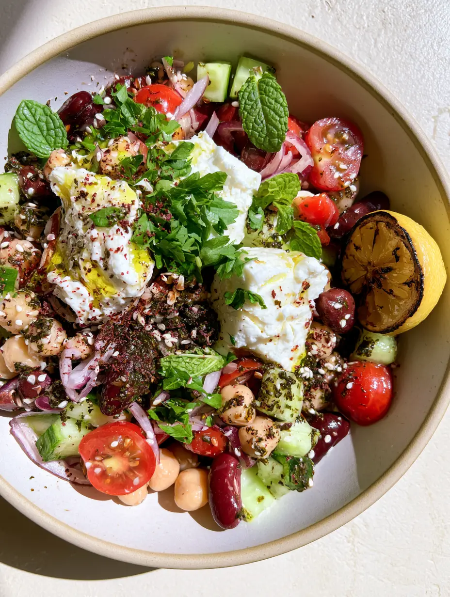 Detailed view of za'atar bean salad showing glistening olive oil dressing, dark green spice flecks, and fresh mint leaves.