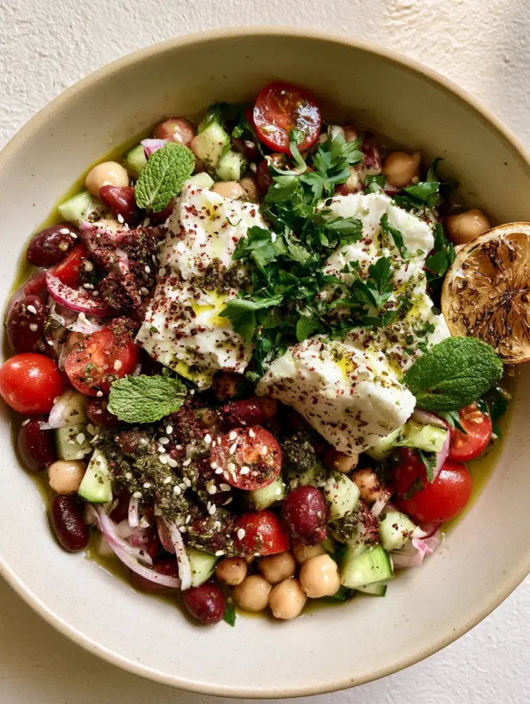 Gourmet Mediterranean za'atar bean salad in a shallow matte bowl with a charred lemon half on the side.