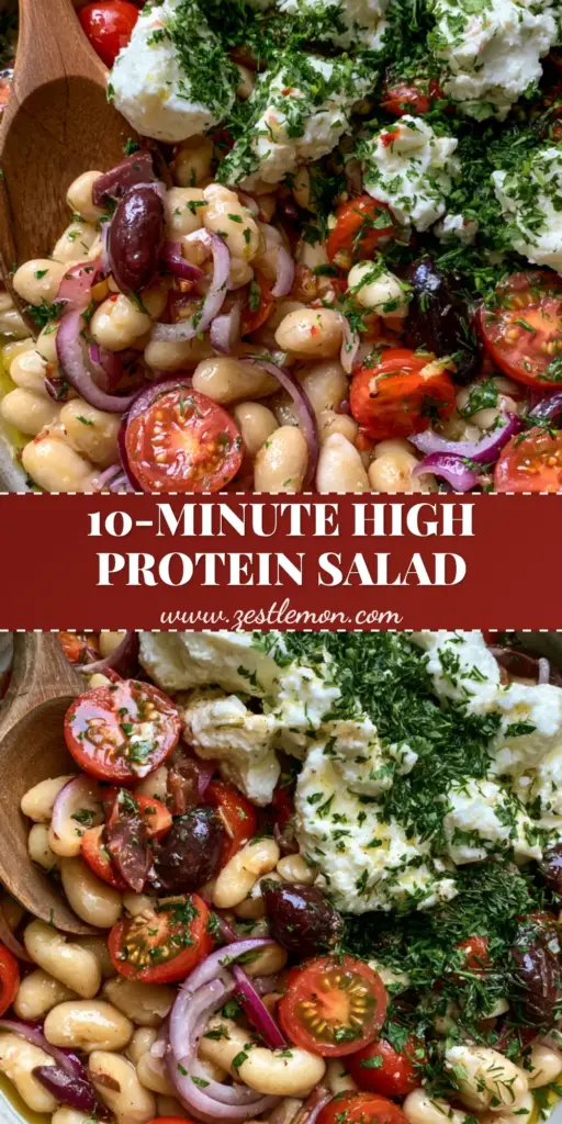 A close-up vertical shot of a Mediterranean butter bean salad with cherry tomatoes, feta, and fresh dill in a rustic bowl.