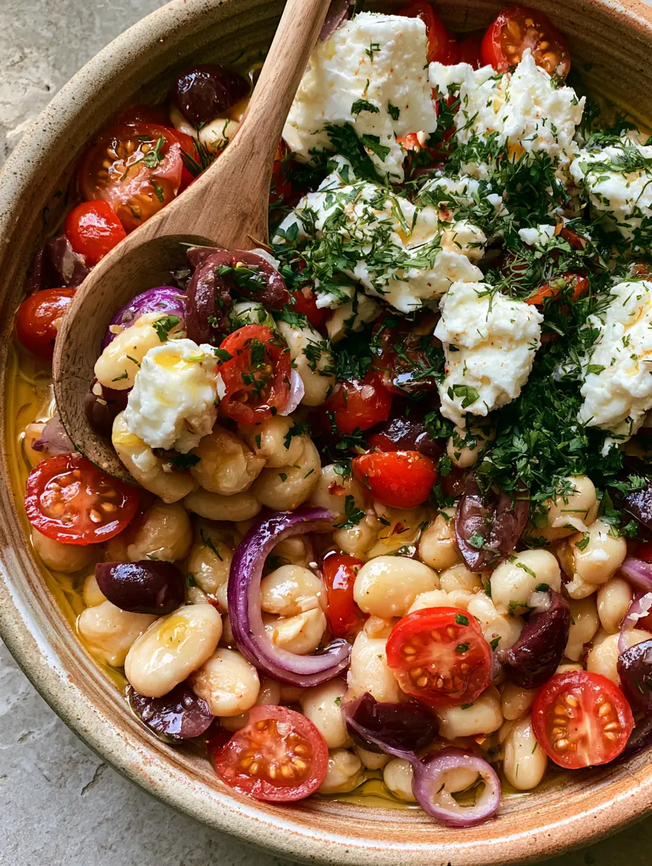 Vibrant Mediterranean Butter Bean Salad in a shallow rustic ceramic bowl with a wooden spoon. (butter bean salad)
