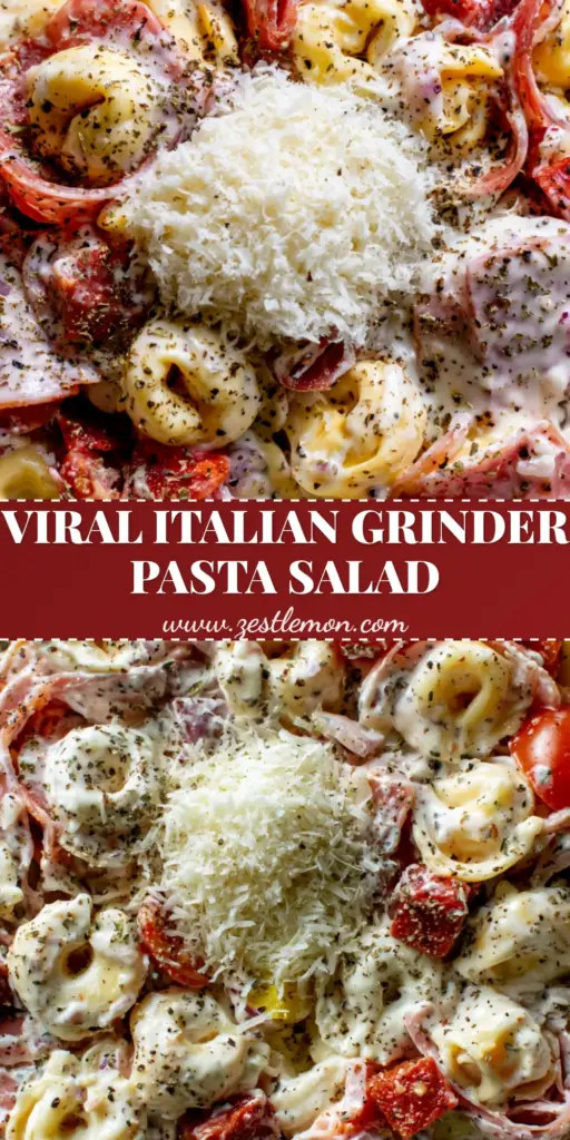 Italian Grinder Tortellini Salad with Creamy Herb Dressing 3 A top-down smartphone photo of Italian Grinder Tortellini Salad in a white bowl showing salami ribbons, cubed pepperoni, and a mountain of fluffy parmesan.