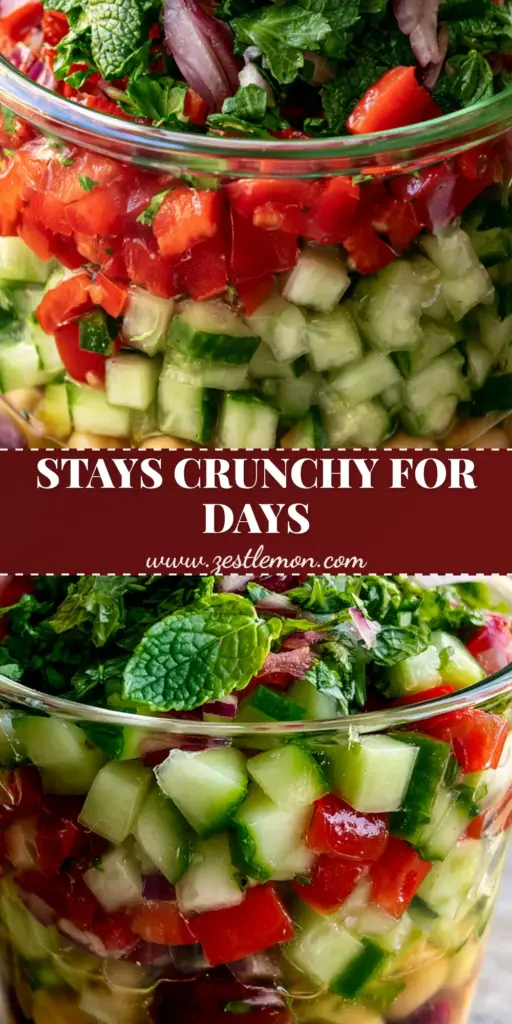 Bean and Chickpea Salad: The Ultimate Crisp Mediterranean Meal Prep 4 A close-up shot of a Bean and Chickpea Salad in a glass container featuring distinct layers of kidney beans, chickpeas, crisp cucumbers, and fresh herbs.
