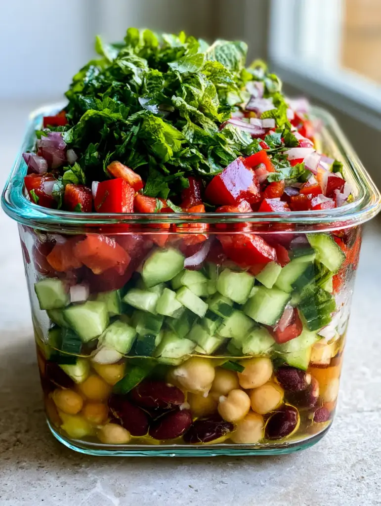 Bean and Chickpea Salad: The Ultimate Crisp Mediterranean Meal Prep 2 Macro photo of fresh diced Persian cucumbers and red bell peppers in a Bean and Chickpea Salad.