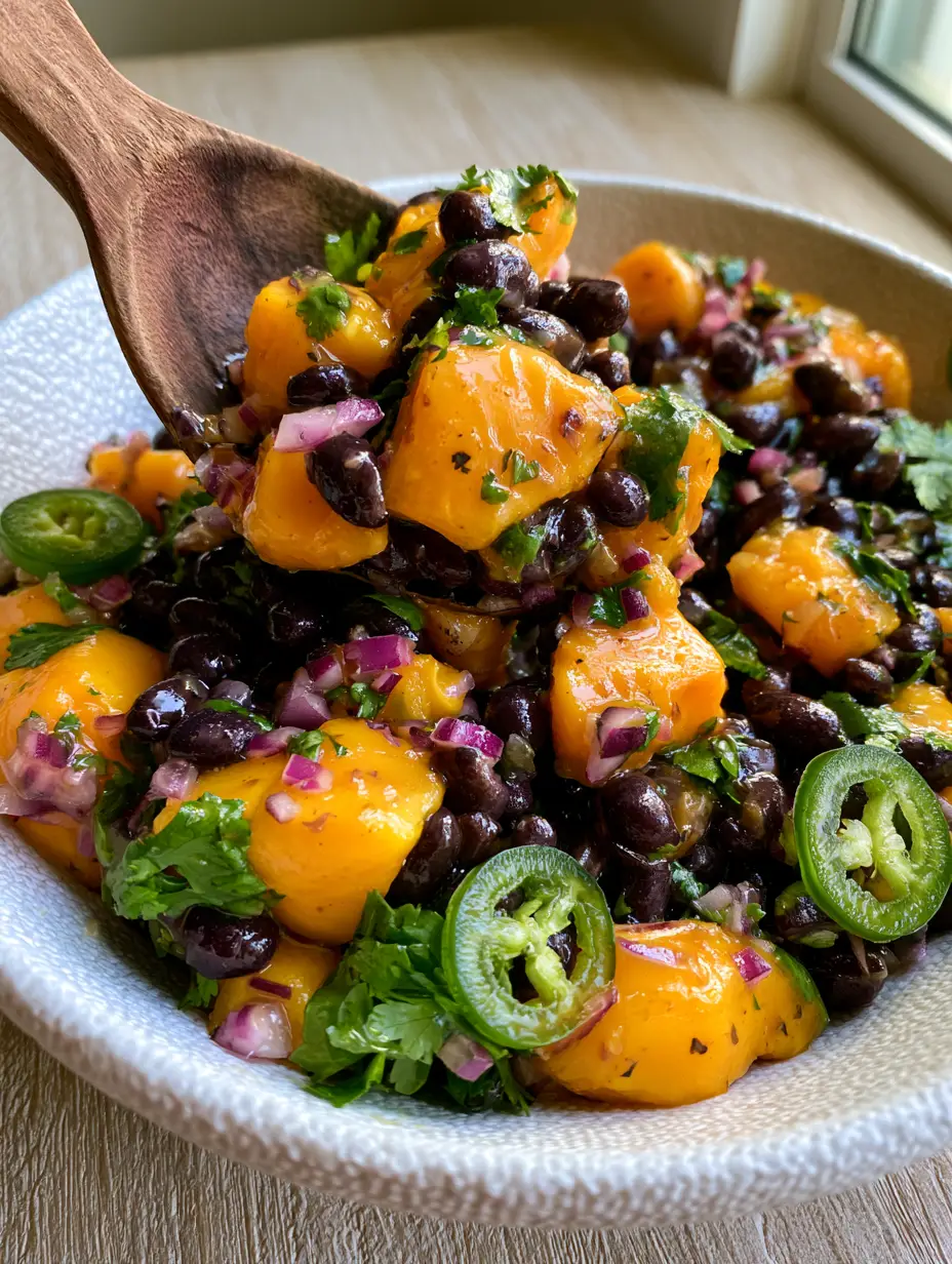 Close-up of succulent mango cubes and black beans coated in honey-lime dressing. (Black Bean Mango Salad)