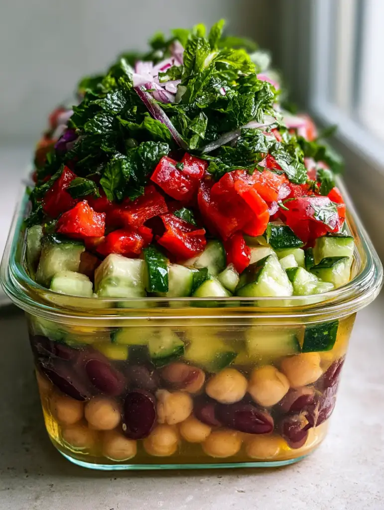 Bean and Chickpea Salad: The Ultimate Crisp Mediterranean Meal Prep 1 A golden, translucent lemon-herb vinaigrette at the bottom of a clear glass container with chickpeas and kidney beans.