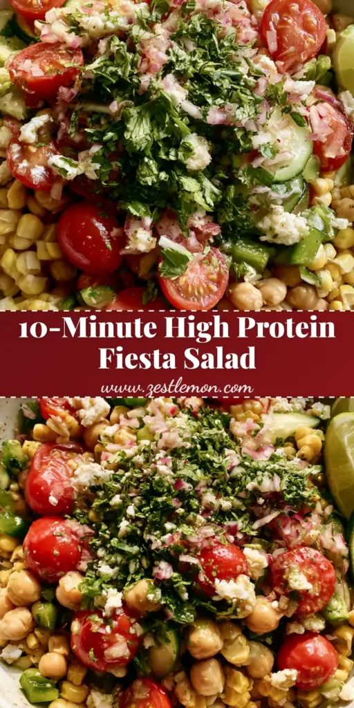 Top-down view of a vibrant Corn and Chickpea Fiesta Salad in a white ceramic bowl featuring golden corn, chickpeas, and vegan feta crumbles.