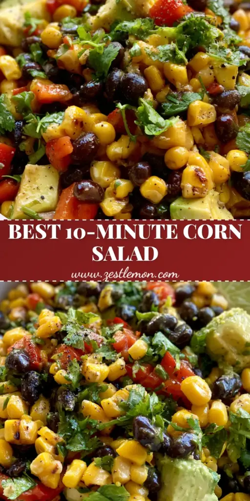 A close-up vertical shot of a sweet corn and black bean salad with charred corn, avocado, and red peppers in a white bowl.
