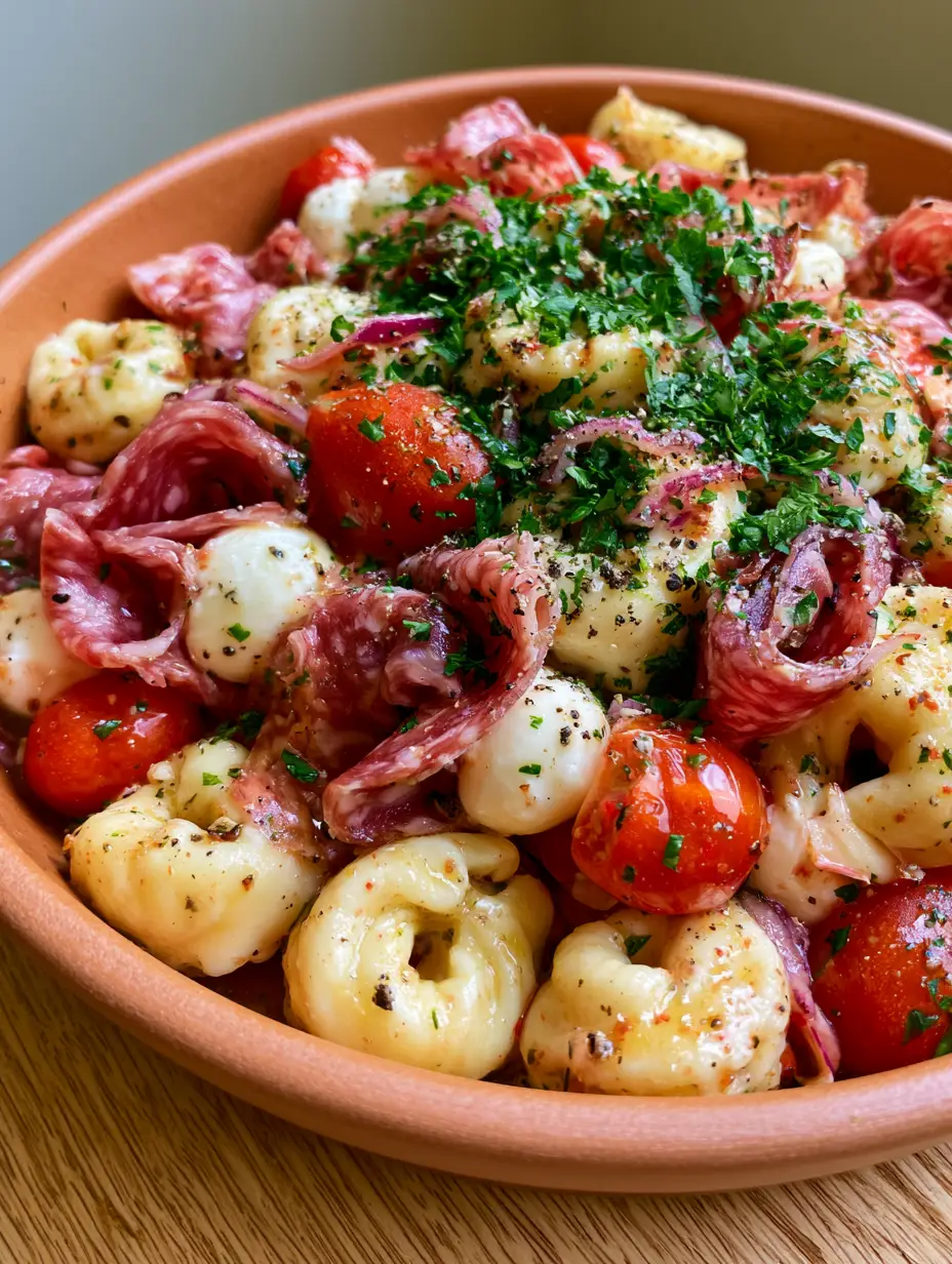 Close-up of al dente cheese tortellini and folded Genoa salami in a matte bowl. (tortellini salad)