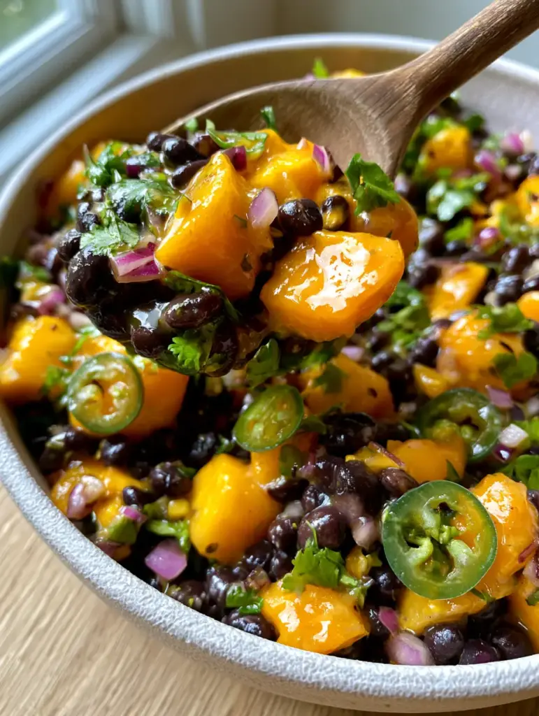 A rustic wooden spoon lifting a serving of Black Bean Mango Salad from a white ceramic bowl.