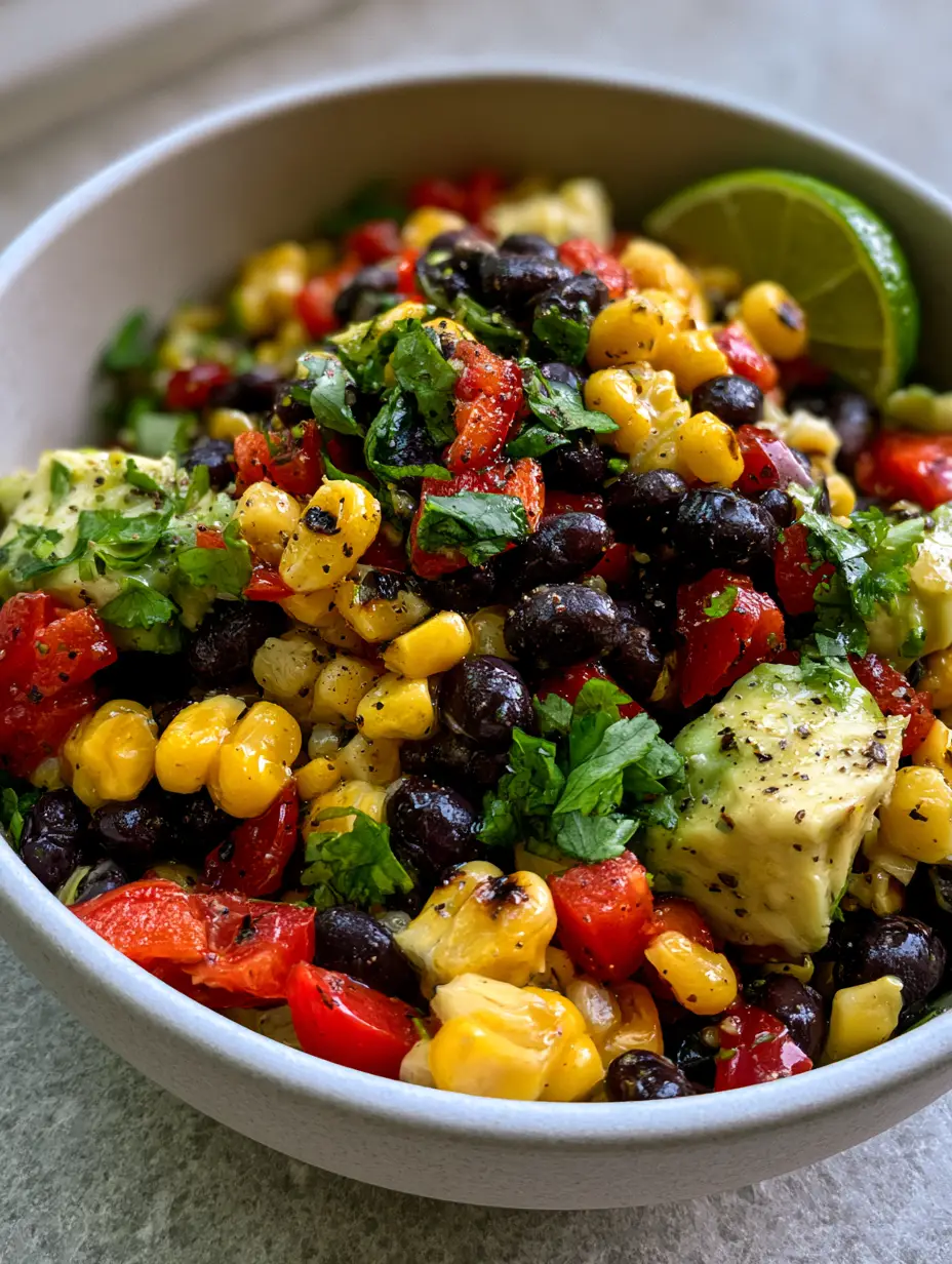 Overhead view of a vibrant sweet corn and black bean salad with glossy beans and pale green avocado. (sweet corn and black bean salad)