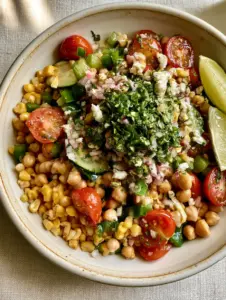 Overhead shot of Corn and Chickpea Fiesta Salad highlighting the glistening cilantro-lime dressing and fresh lime wedges on a linen tabletop.