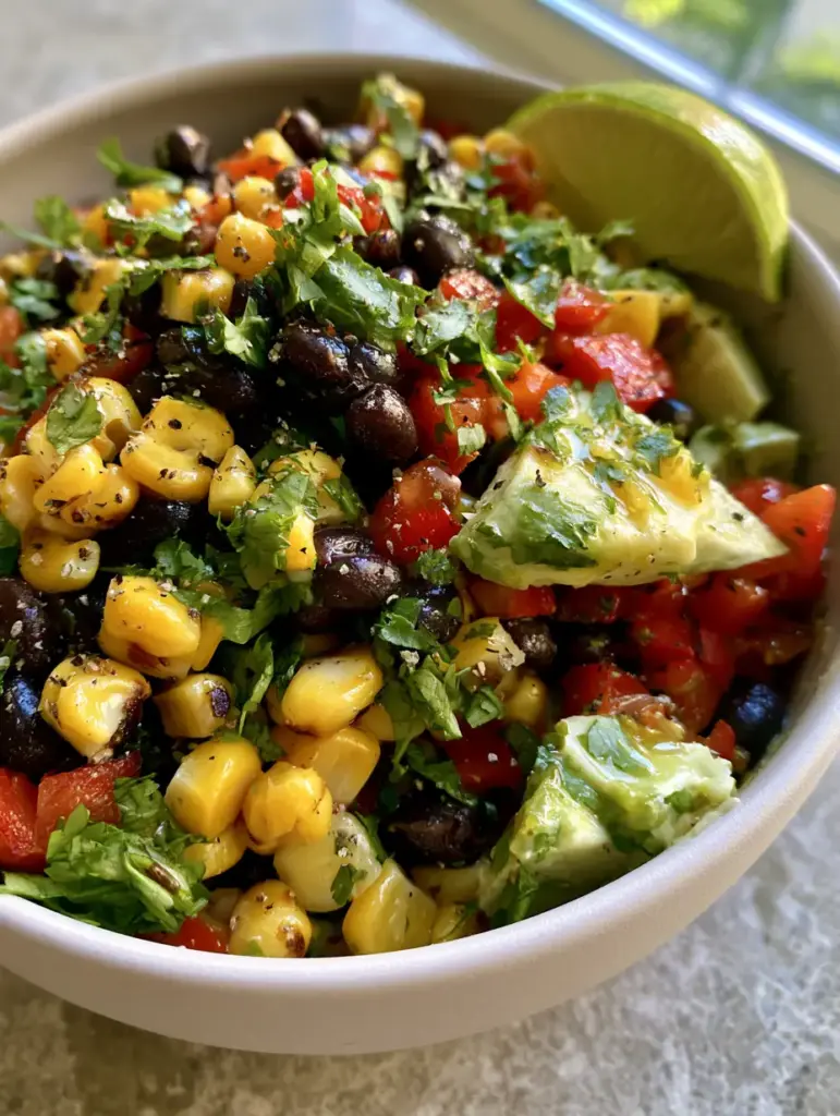 A 45-degree angle shot of sweet corn and black bean salad showing the texture of charred corn and creamy avocado.