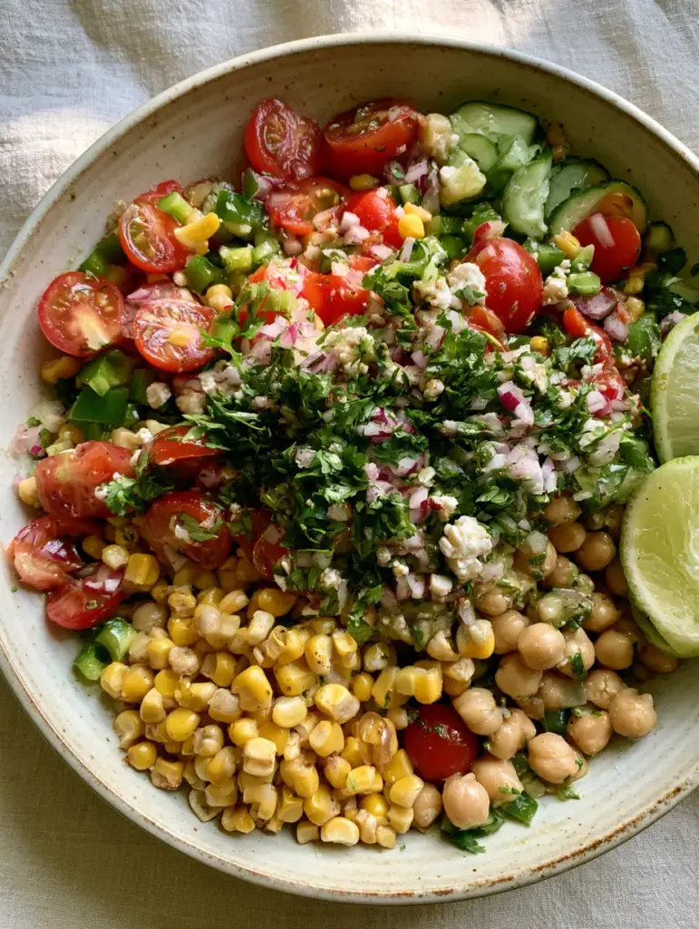 Close-up of diced green bell peppers, sliced cucumbers, and halved tomatoes in the Corn and Chickpea Fiesta Salad.