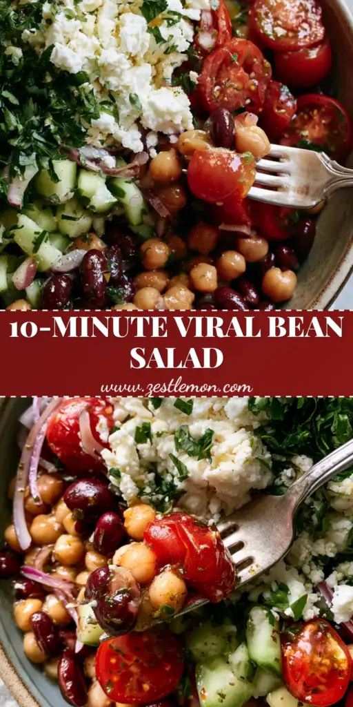 A top-down view of a protein-packed bean salad in a ceramic bowl with a silver fork lifting a bite of kidney beans and tomatoes.