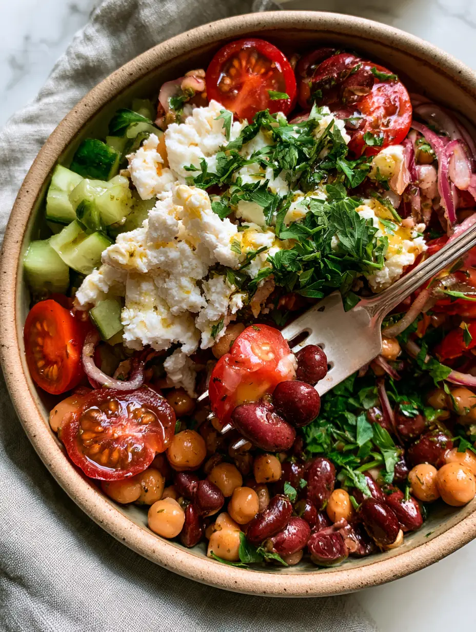 Rustic ceramic bowl filled with chickpeas, kidney beans, cucumbers, and tomatoes for a protein-packed bean salad.