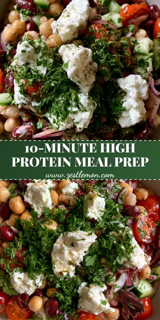 Top-down view of a vibrant Mediterranean three-bean salad with chickpeas, kidney beans, and feta in a white bowl.